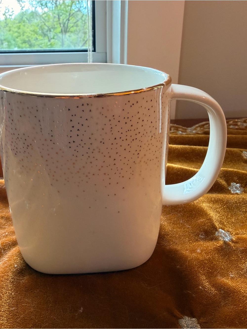 White Ceramic Mug with Gold Rim and Speckle Detail - Home Dining